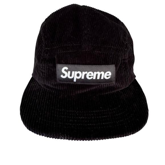 Supreme Corduroy Camp 5 Panel Cap Black Leather Adjustable Strap OS USA Made - Picture 1 of 7